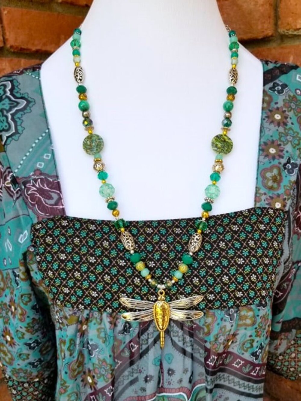 Artisan Necklace & Earrings Set. Dragonfly. Faith. Silver Gold Green Aqua Beaded